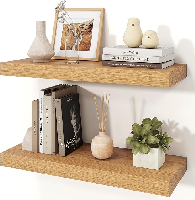 Floating Shelves for Wall, 9.3" Deep Wall Mounted Wood Shelves for Bathroom, Bedroom, Living Room, Kitchen, Hanging Shelf for Books/Storage/Room Decor (Oak, 24")