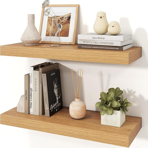 Floating Shelves for Wall, 9.3" Deep Wall Mounted Wood Shelves for Bathroom, Bedroom, Living Room, Kitchen, Hanging Shelf for Books/Storage/Room Decor (Oak, 24")
