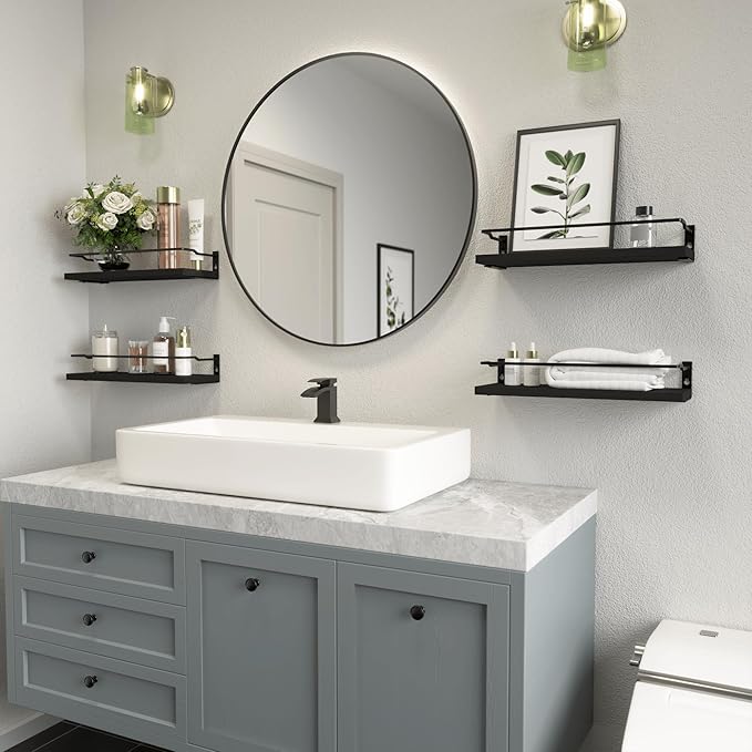 RICHER HOUSE Bathroom Floating Shelves with Guardrail, Set of 4 Rustic Wall Mounted Storage Shelves, Over Toilet - Black