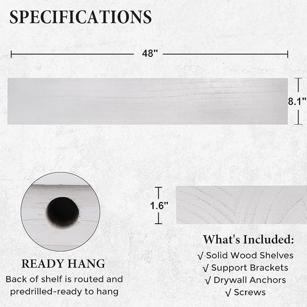 Axeman Floating Shelves, 8 Inch Deep Rustic Solid Wood Wall Shelves for Storage, Wall Mounted Display Shelving with Invisible Heavy-Duty Metal Bracket, 48" W x 8" D x 1.6" H, Distressed White