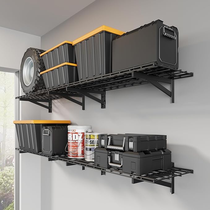 4 Pack Heavy Duty Garage Wall Shelving Set (1.5x4ft), Wall Mounted Garage Shelves 1400lbs Capacity, 18