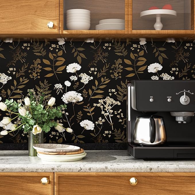 Dark Floral Wallpaper Peel and Stick Boho Wallpaper 17.5in x 393in Vintage Leaf Contact Paper Vinyl Waterproof Self Adhesive Leaf Botanical Wall Paper for Bedroom Walls Kitchen Cabinet