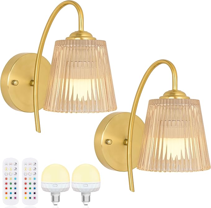 Vintage Battery Wall Sconce with Flower lampshade,Rechargeable Battery Powered Wall Lights,Wall lamp with 15 Colors for Bedroom Living Room Home Decor (Amber Stripe, 2 Light Battery Operated)