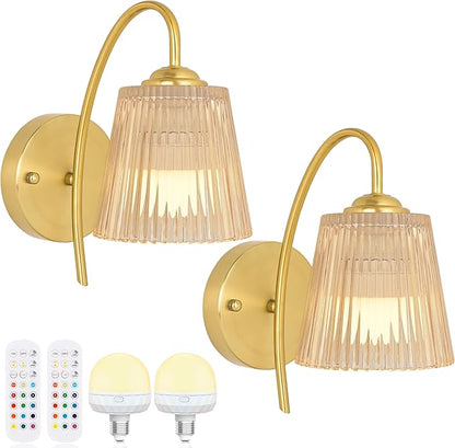 Vintage Battery Wall Sconce with Flower lampshade,Rechargeable Battery Powered Wall Lights,Wall lamp with 15 Colors for Bedroom Living Room Home Decor (Amber Stripe, 2 Light Battery Operated)