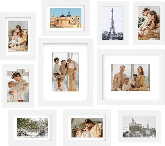 FrameWorks 10-pc Set Collage Wall Classic Wooden Picture Frames Tempered Glass/White / 2-8"x10", 4-5"x7", 4-4"x6"
