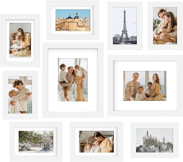 FrameWorks 10-pc Set Collage Wall Classic Wooden Picture Frames Tempered Glass/White / 2-8"x10", 4-5"x7", 4-4"x6"