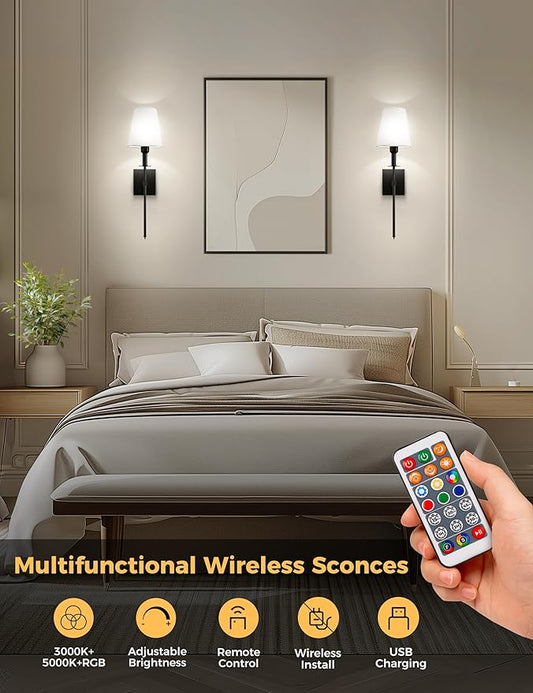 DORESshop Battery Operated Wall Sconce Set of 2, Black Rechargeable Wall Lights Remote, Sconce Wall Decor Set of 2, 7 Colors Wireless Sconces for Bedroom Living Room Hallway