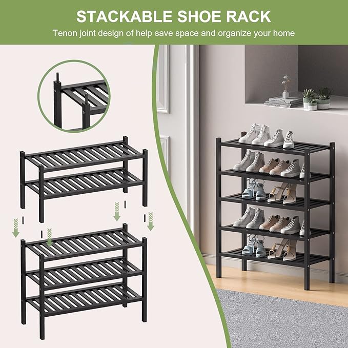 3 Tier (Thick) Bamboo Shoe Rack for Entryway, Small Wood Shoe Shelf Storage Organizer for Closet, Shoe Stand for Hallway, Stackable and Sturdy 27