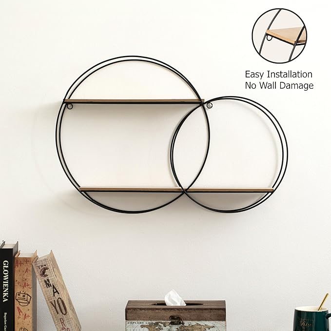 Vintiquewise Interlinked Round Wall-Mounted Shelf - Dual-Size Circular Design, Sturdy Metal Frame and 2-Tier Wooden Shelves for Modern Decor, Home Organization and Practical Storage Solutions, Black