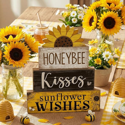 4 Pcs Summer Table Decor Wooden Sunflower Tiered Tray Decor Rustic Farmhouse Yellow Block Signs Gifts Summer Tabletop Centerpieces for Home Kitchen Coffee Bar Decorations