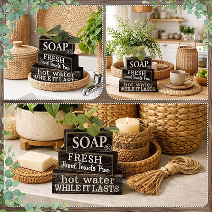 4 Pcs Bathroom Shelf Decor Sign Farmhouse Bathroom Decor and Accessories Rustic Eucalyptus Leaves Block Sign Soap Fresh Hand Towel Free Table Centerpiece for Home Toilet Hotel Campsite