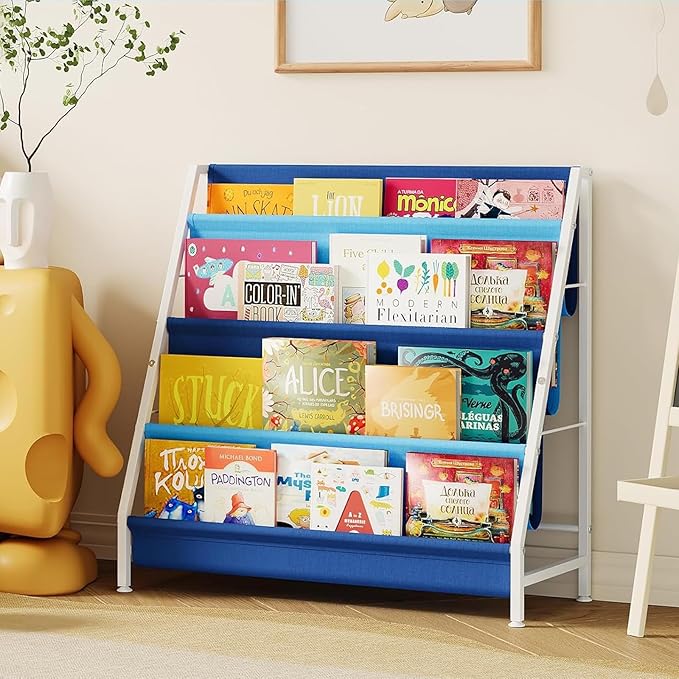 Kid Bookshelf for Kids Rooms, 4-Tier Blue Montessori Bookshelf,Toddler Children Bookshelf,Metal Kid's Book Storage Organizer for Boys Room Furniture Playroom Kindergarten