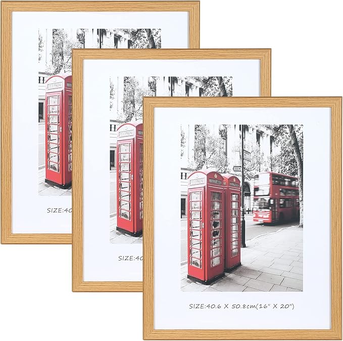 16x20 Frames Set of 3, 16x20 Picture Frames for Wall, Wooden Poster Frames with Plexiglass for Prints, Poster, and Art (Natural Wood)