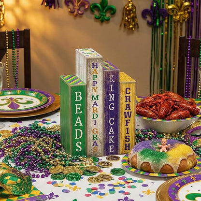 4 Pcs Mardi Gras Table Decor Rustic Wooden Book Sign Carnival Tiered Tray Decor Farmhouse Tabletop Sign Centerpieces for Mardi Gras Carnival Home Shelf Decoration