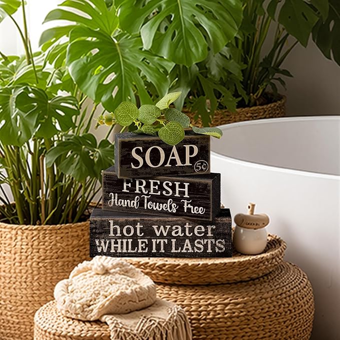 4 Pcs Bathroom Shelf Decor Sign Farmhouse Bathroom Decor and Accessories Rustic Eucalyptus Leaves Block Sign Soap Fresh Hand Towel Free Table Centerpiece for Home Toilet Hotel Campsite