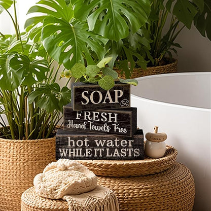 4 Pcs Bathroom Shelf Decor Sign Farmhouse Bathroom Decor and Accessories Rustic Eucalyptus Leaves Block Sign Soap Fresh Hand Towel Free Table Centerpiece for Home Toilet Hotel Campsite