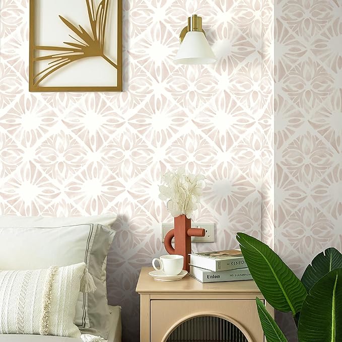 Geometric Peel and Stick Wallpaper Boho 393 "x17.3 White and Pink Wallpaper White Contact Paper Removable Wall Paper for Bedroom Waterproof Removable Shelf Liner Decal Vinyl Roll