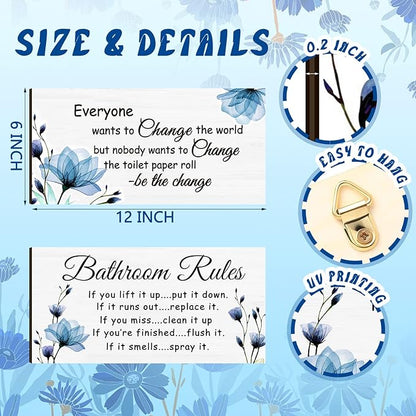 Jetec 2 Pieces Funny Bathroom Signs Bathroom Wall Decor Toilet Wall Accessories Farmhouse Toilet Rustic Wooden Signs, 12x6 Inch(Blue Floral)
