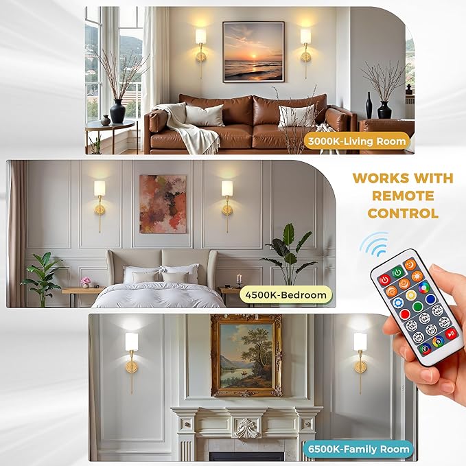 DORESshop Battery Operated Wall Sconce Set of 2, Wireless Wall Light Easy to Install, 7 Color Rechargeable Wall Sconces, Sconce Wall Decor Set of 2 for Bedroom, Living Room, Gold, 24.3in