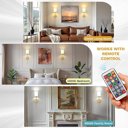 DORESshop Battery Operated Wall Sconce Set of 2, Wireless Wall Light Easy to Install, 7 Color Rechargeable Wall Sconces, Sconce Wall Decor Set of 2 for Bedroom, Living Room, Gold, 24.3in