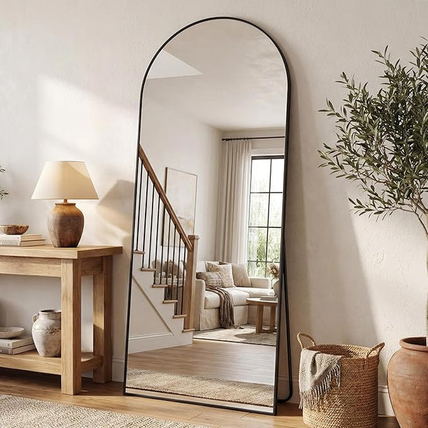Antok 58" x21” Arched Full Length Floor Mirror, Black Aluminum Frame, Free Standing/Wall Mount/Leaning for Bedroom, Living Room, Dressing Room