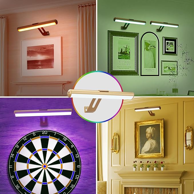 Picture Light, Battery Operated Picture Light with Remote, Rechargeable Picture Frame Light, 32 LED, 16 Color Changing, Art Light for Paintings for Display, Picture-Gold