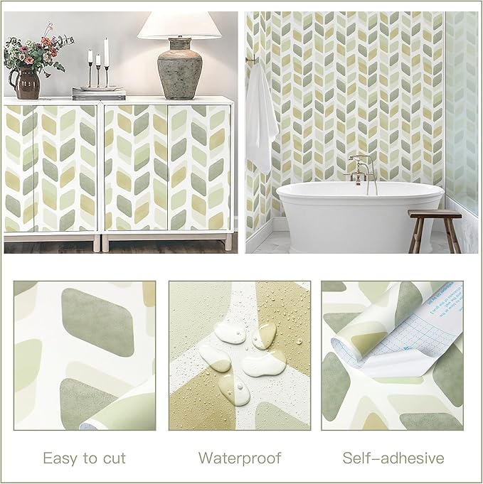 Boho Peel and Stick Wallpaper Checkered Contact Paper Neutral Geometric Wall Paper Modern Self Adhesive Removable Wallpaper for Bathroom Kitchen Cabinets Waterproof(Green/Yellow,17.3in X 32.8ft)