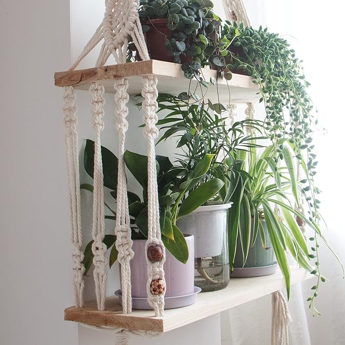 Boho Wall Hanging Shelves Macrame Floating Plant Photos Wood Shelf for Bedroom Living Room Apartment Decor
