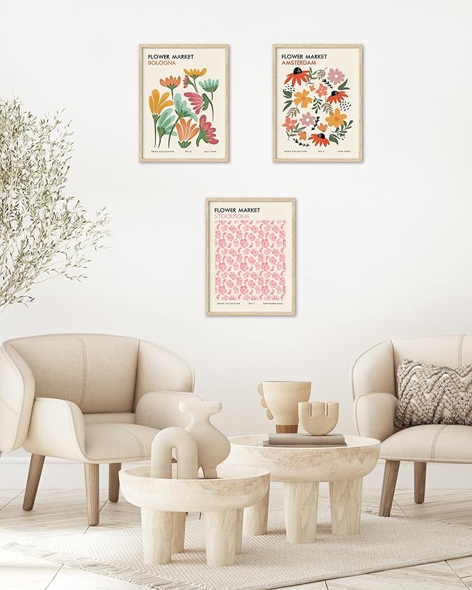 HesenDot Unframed Floral Wall Art Set of 3,12x16in Flower Market Canvas Prints,Abstract Botanical Posters Decor,Minimalist Amsterdam Stockholm Bologna Artwork for Living Room Bedroom Office Home