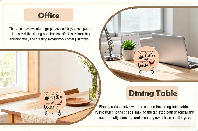 Coffee And Wine Desk Decor Sign, Rustic Funny Wooden Box Plaque, A Good Day Starts With Coffee And Ends With Wine Wood Sign, Decor For Home Kitchen Table Top, Wooden Round With Stand-24