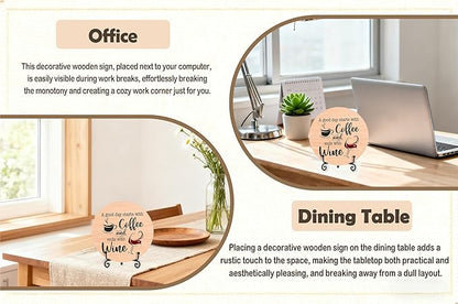 Coffee And Wine Desk Decor Sign, Rustic Funny Wooden Box Plaque, A Good Day Starts With Coffee And Ends With Wine Wood Sign, Decor For Home Kitchen Table Top, Wooden Round With Stand-24