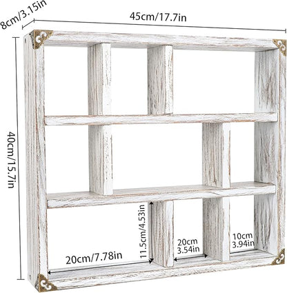 17.7x15.7-Inch Shadow Box Shelf 9-Slot Rustic Wood Floating Shelves Larger Shelf Lightweight Solid Wood Display(Set of 2,9C-Rustic White)