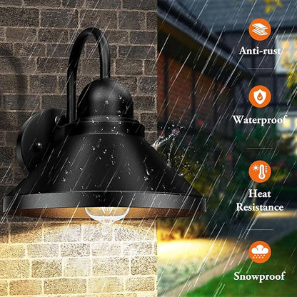 Brightever Gooseneck Outdoor Wall Sconces, 2-Pack Large 10.23IN Farmhouse Barn Lights for Porch, Industrial Black Exterior Wall Lights for Garage, Patio, E26 Base Anti-Rust, Bulb not Included