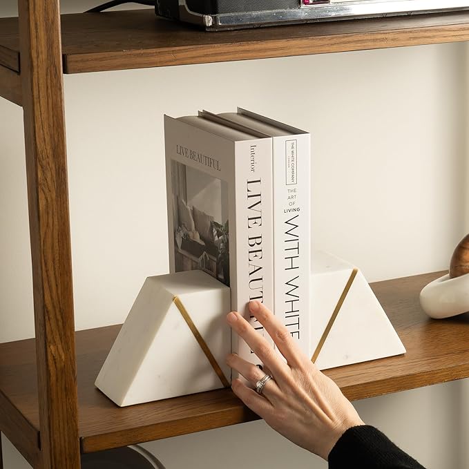 Cork & Mill Marble Book Ends for Shelves, Decorative Bookends for Heavy Books, Unique Mid Century Modern White and Gold Bookends with Brass Inlay, Heavy Duty Bookshelf Stopper, Set of 2