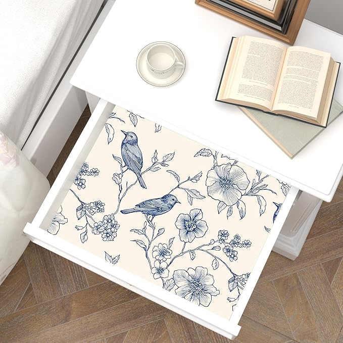 Beige Wallpaper Peel and Stick Blue Floral Bird Vintage Contact Paper 17.5