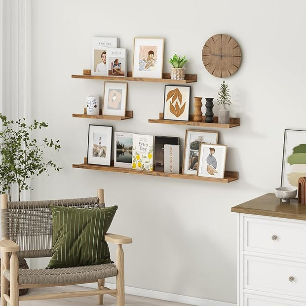 Axeman Picture Ledge Shelf | 16 Inch Brown Floating Shelves Set of 3 | Rustic Brown Wood Wall Shelves with Lip | 16" Picture Shelf for Wall with Ledge | Photo Shelves
