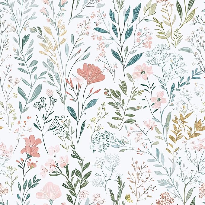 Floral Peel and Stick Wallpaper Boho Floral Contact Paper 16.9" x 196.8" Modern Wildflower Self Adhesive Wallpaper for Bathroom Flower Decorative Removable Wall Paper for Bedroom Cabinets