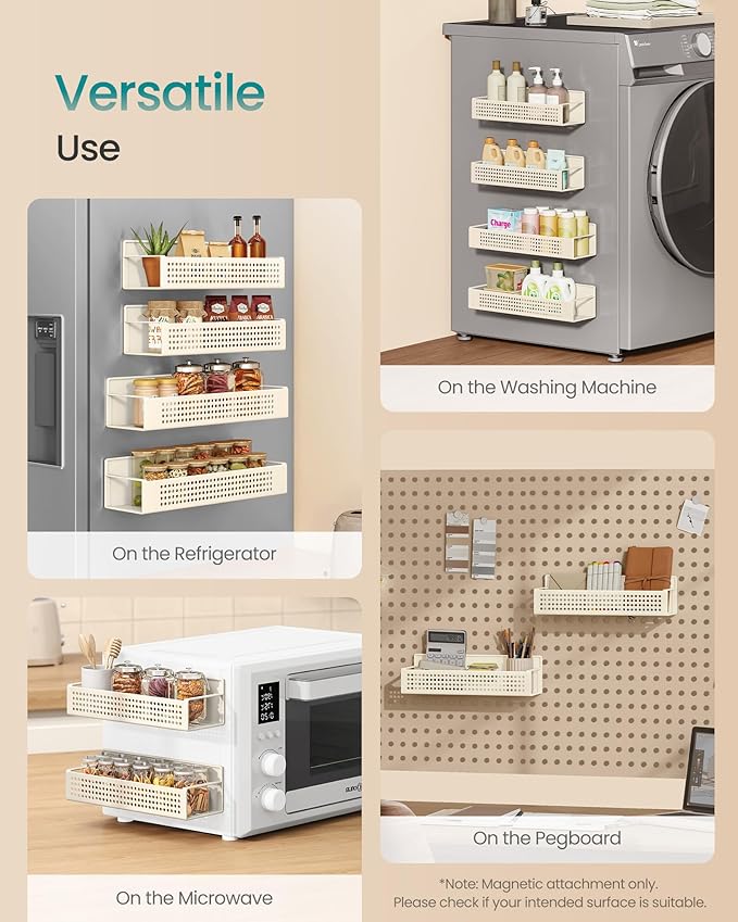 SONGMICS Strong Magnetic Spice Rack for Refrigerator, Set of 4, 2 Large and 2 Small Kichen Magnetic Shelves for Microwave, Washing Machine, Spice Organizers, No Drilling Needed, Cream White UKCS061W01