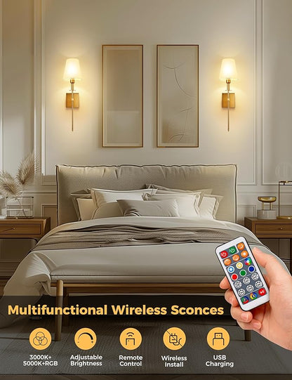 DORESshop Battery Operated Wall Sconce Set of 2, Gold Rechargeable Wall Lights Remote, Sconce Wall Decor Set of 2, 7 Colors Wireless Sconces for Bedroom Living Room Hallway