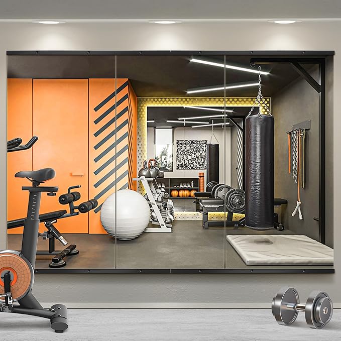 Home Gym Mirror for Wall,48x24x3PCS Full Length,Glass Frameless Body Large Mirror for Home Gym,Workout,Bedroom,Garage(Black)