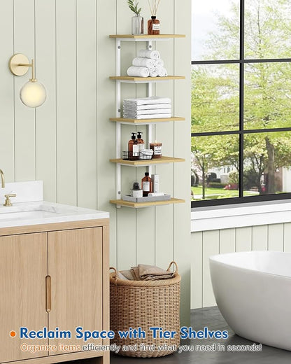 White and Natural Tiered Wall Shelf Unit, 5 Tier Display Floating Shelves, Deep Hanging Wall Shelving Unit for Living Room Plants TV, Bedroom Books, Office Décor (White and Natural Wood)