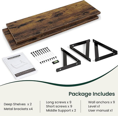 Floating Shelves, 12 Inch Deep Rustic Wood Wall Storage, 48W x 12D Wall Shelves Set of 2, Heavy Duty Metal Brackets, Large Industrial Book Shelf for Living Room, Kitchen, Bedroom, Brown