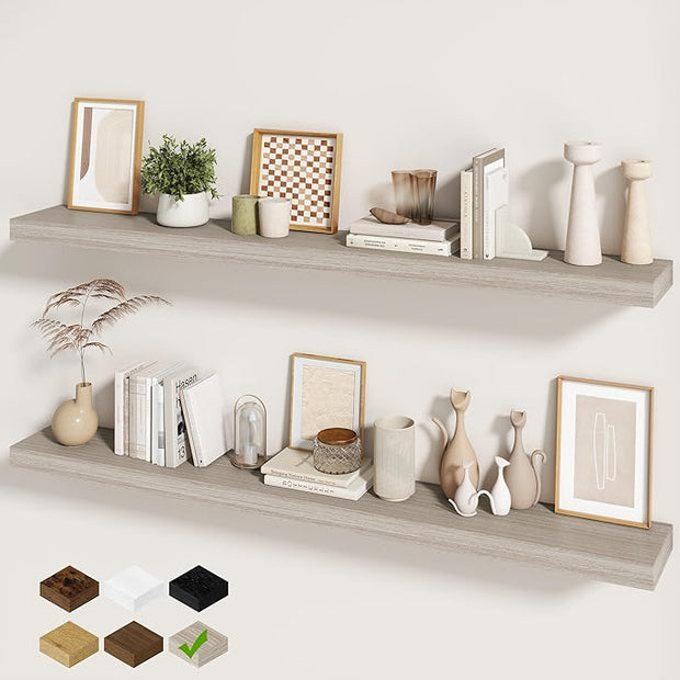 Fun Memories 60 Inch Fireplace Mantel - Long Floating Shelf, Wall Mounted Farmhouse Display with Invisible Heavy Duty Metal Bracket, Grey, 2 Pack