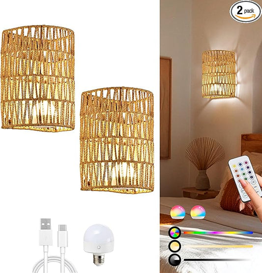 Battery Operated Wall Sconce Set of Two, Rattan Rechargeable Wall Sconces Set of 2, Boho Battery Wall Lights with Remote, Wall lamp for Bedroom,Living Room, Entryway 15 Colors Dimmable