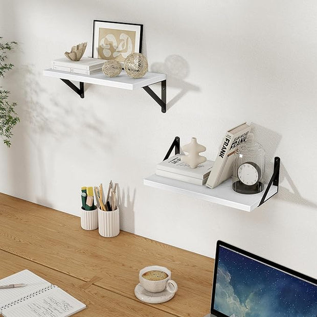 Floating Shelves, 8 Inch Deep Rustic Wood Wall Storage, 16W x 8D Wall Shelves Set of 2, Heavy Duty Metal Brackets, Industrial Book Shelf for Living Room, Kitchen, Bathroom, Bedroom, White