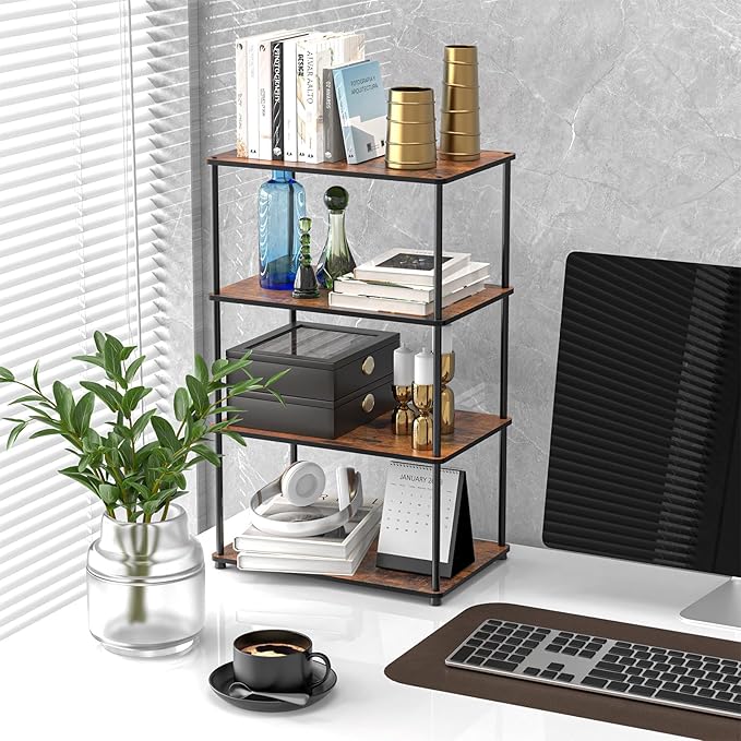 Countertop Spice Rack, Stackable Wood & Metal Pantry Cabinet Shelf Organizer Storage, 4-Tier or Split into 2×2-Tier, Multi-Use for Kitchen Bathroom Desktop Home Office, Rustic Brown
