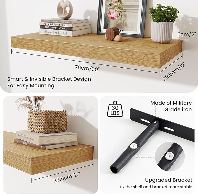 Fun Memories 12 Inch Deep Floating Shelves for Wall, 30 Inch Long Floating Shelf, 30 x 12 Shelf for Wall, Rustic Wood Bookshelves, Hanging Shelves for Bathroom Kitchen Bedroom, Oak, Set of 2