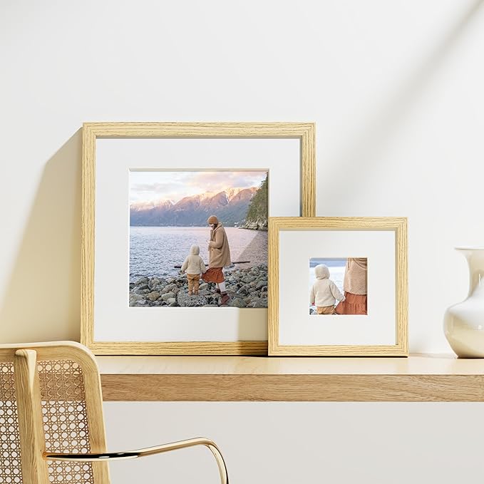Vittanly 8x8 Picture Frames Set of 9, Shatter Resistant Plexiglass, Display 4x4 Pictures with Mat or 8x8 without Mat, Photo Frames for Wall Mount, Engineered Wood, OAK
