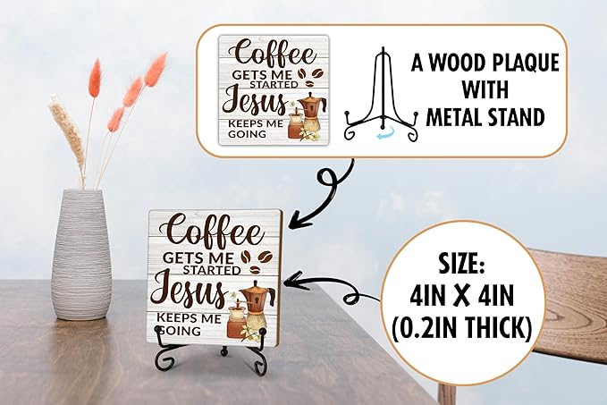 Coffee Gets Started Jesus Keeps Me Going Wood Plaque Sign With Stand, Christian Quote Desk Sign Decor for Farmhouse Home Kitchen Coffee Bar Table Shelf, Motivational Gifts for Women Man Friends