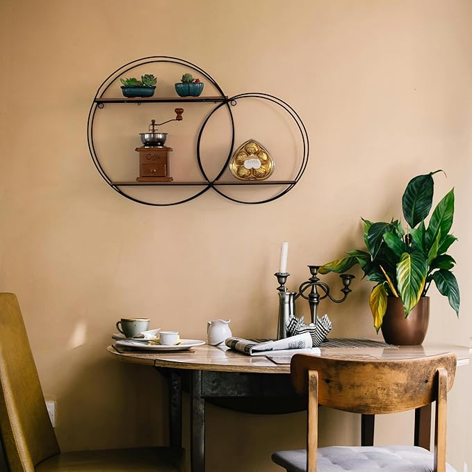 Vintiquewise Interlinked Round Wall-Mounted Shelf - Dual-Size Circular Design, Sturdy Metal Frame and 2-Tier Wooden Shelves for Modern Decor, Home Organization and Practical Storage Solutions, Black
